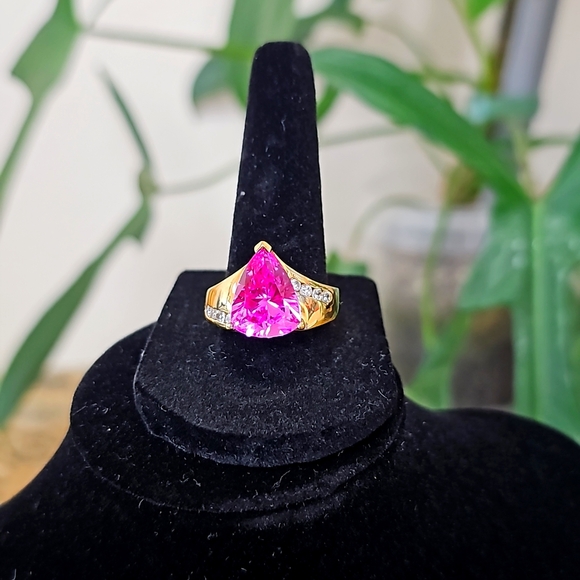 Pink triangle ring! Pink topaz, white topaz, rhodium vermeil - Picture 1 of 7